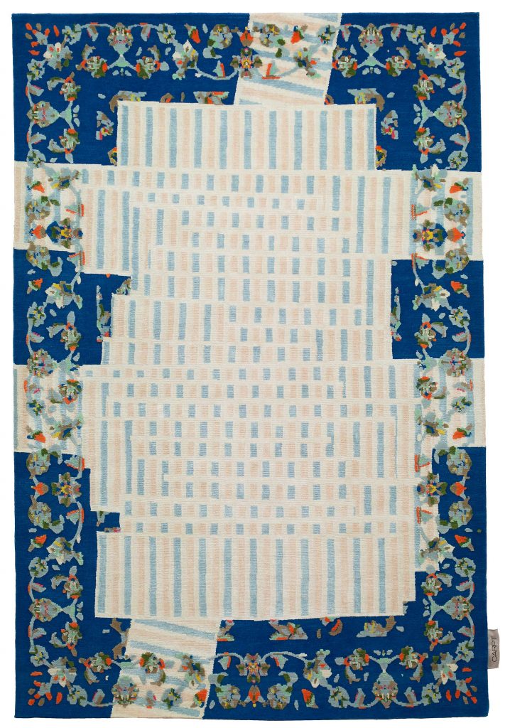 Carpt blauer floral gestreifter handgefertigter Leinen Himalayaschurwolle Teppich Tendril Tapes Afternoon